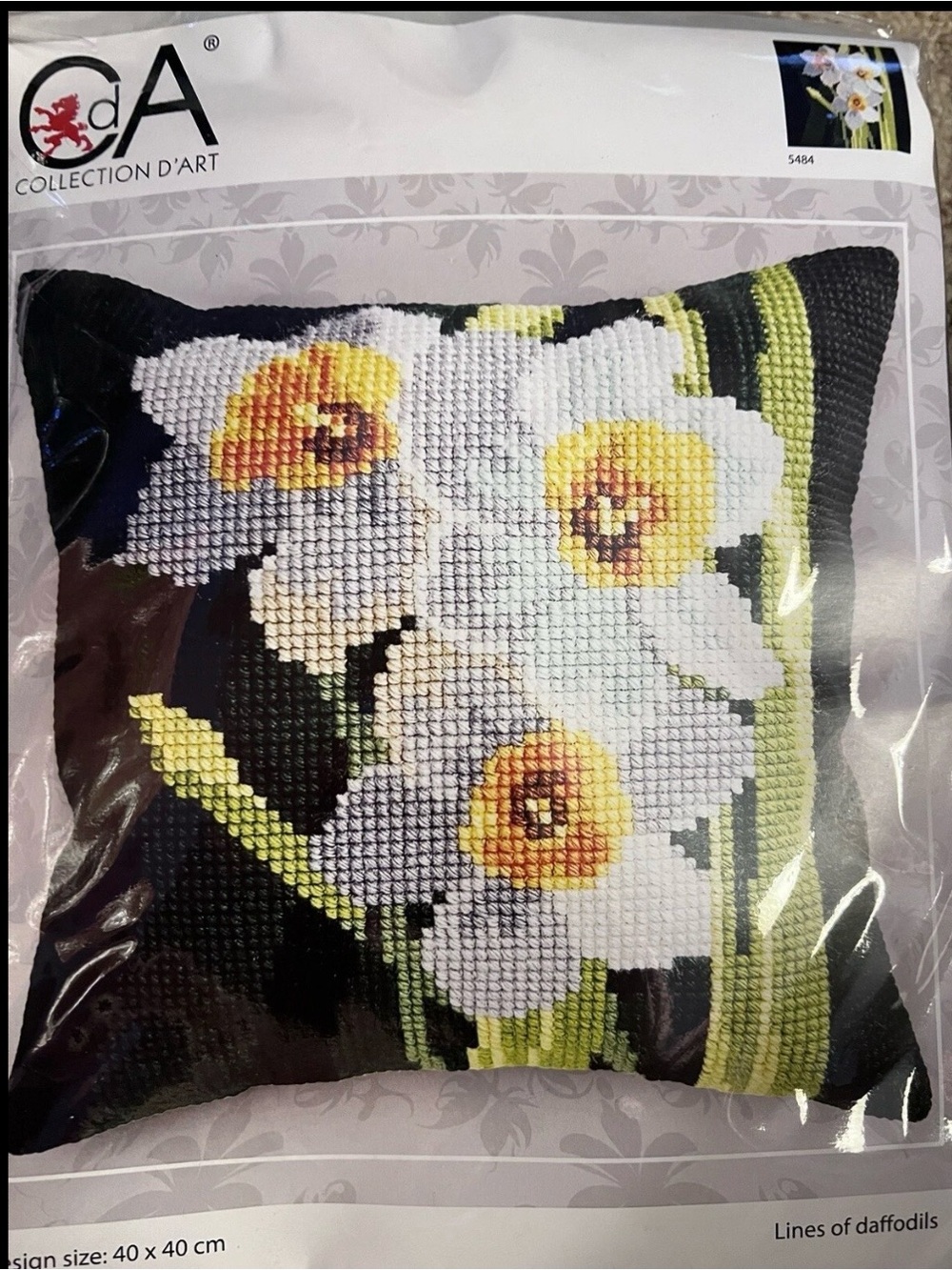 CDA Color Stamped Cross Stitch Pillow Kit Lines of Daffodils DIY 15.7x15.7 Inch